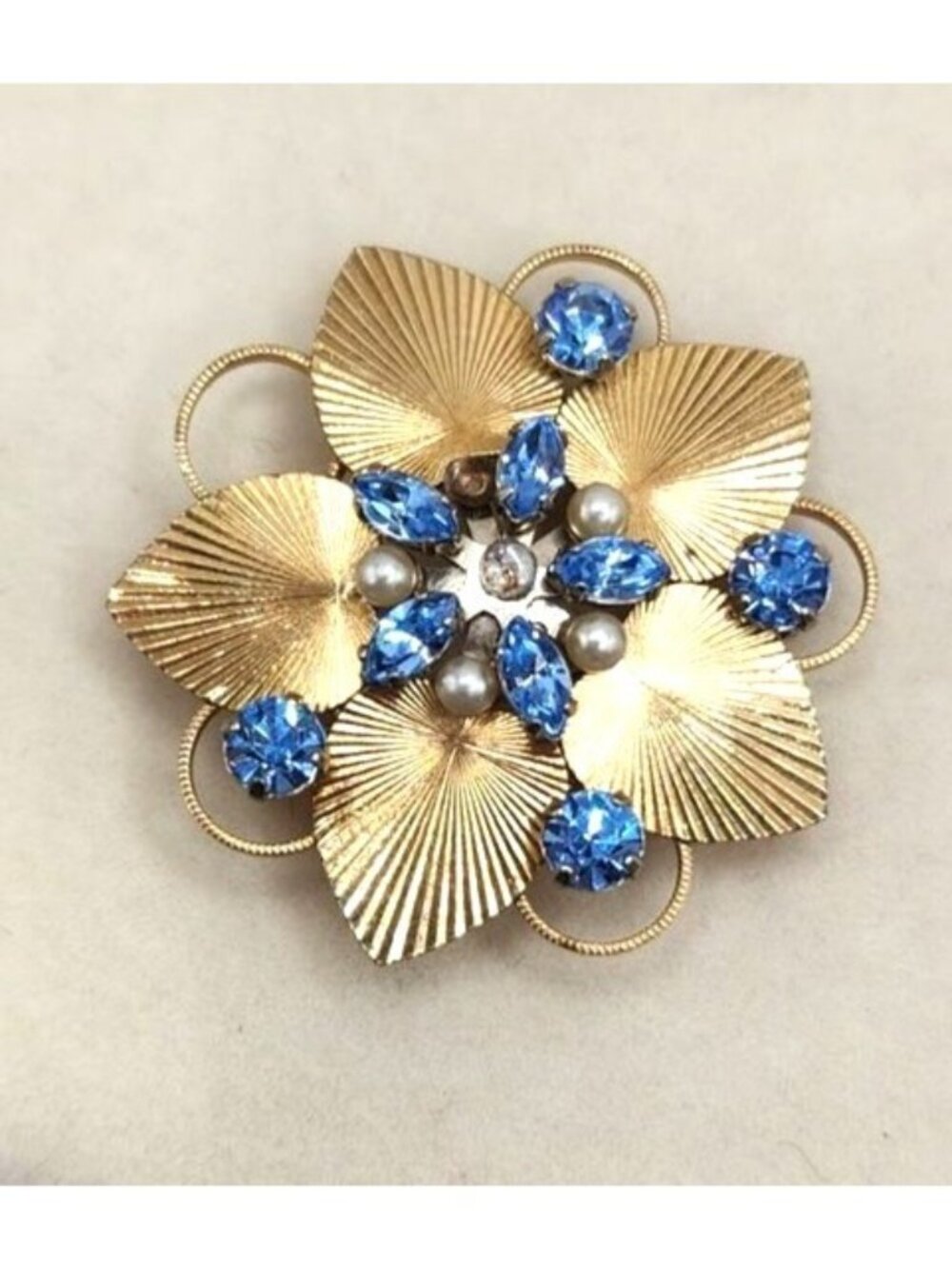 Gold Tone Floral Brooch With Blue Rhinestones & Faux Pearls